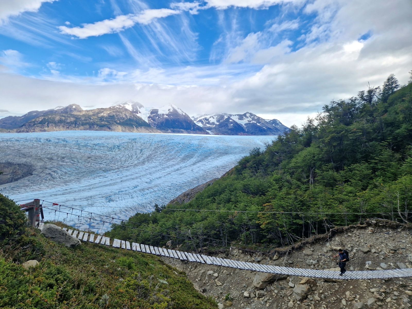 Au-dessus du glacier Grey, une personne en randonnée franchit un ravin rocheux sur une passerelle suspendue. À droite s'élèvent des pentes boisées et, derrière le glacier, des sommets enneigés.